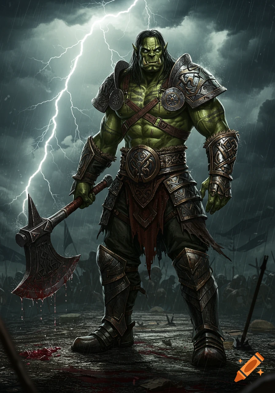 Muscular green orc warrior in intricate armor holding a bloody axe under a stormy, lightning-filled sky on a battlefield.