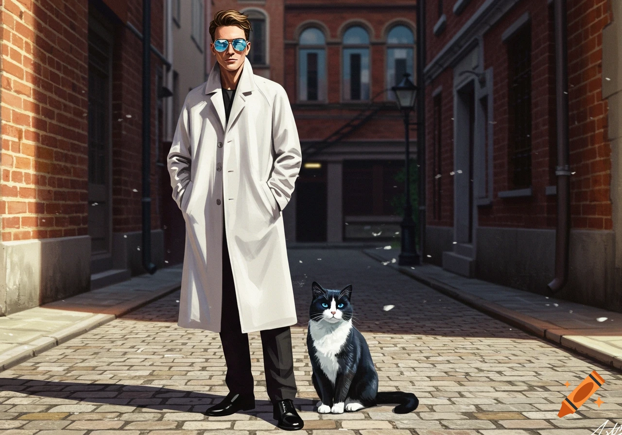 Illustrated man in a white coat and sunglasses standing next to a black and white cat on a cobblestone street.