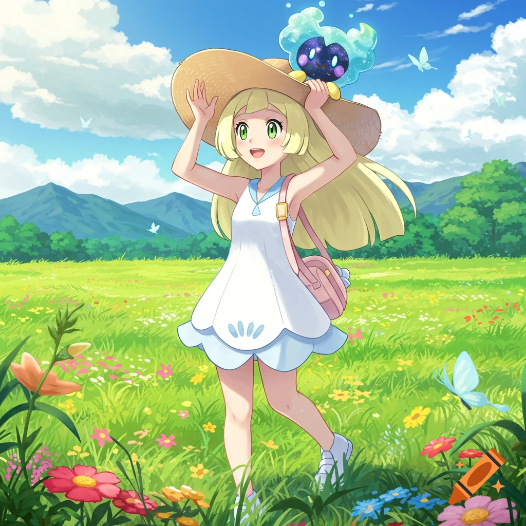 A smiling anime girl in a straw hat and white dress holds a floating blue Pokemon in a vibrant flower field.