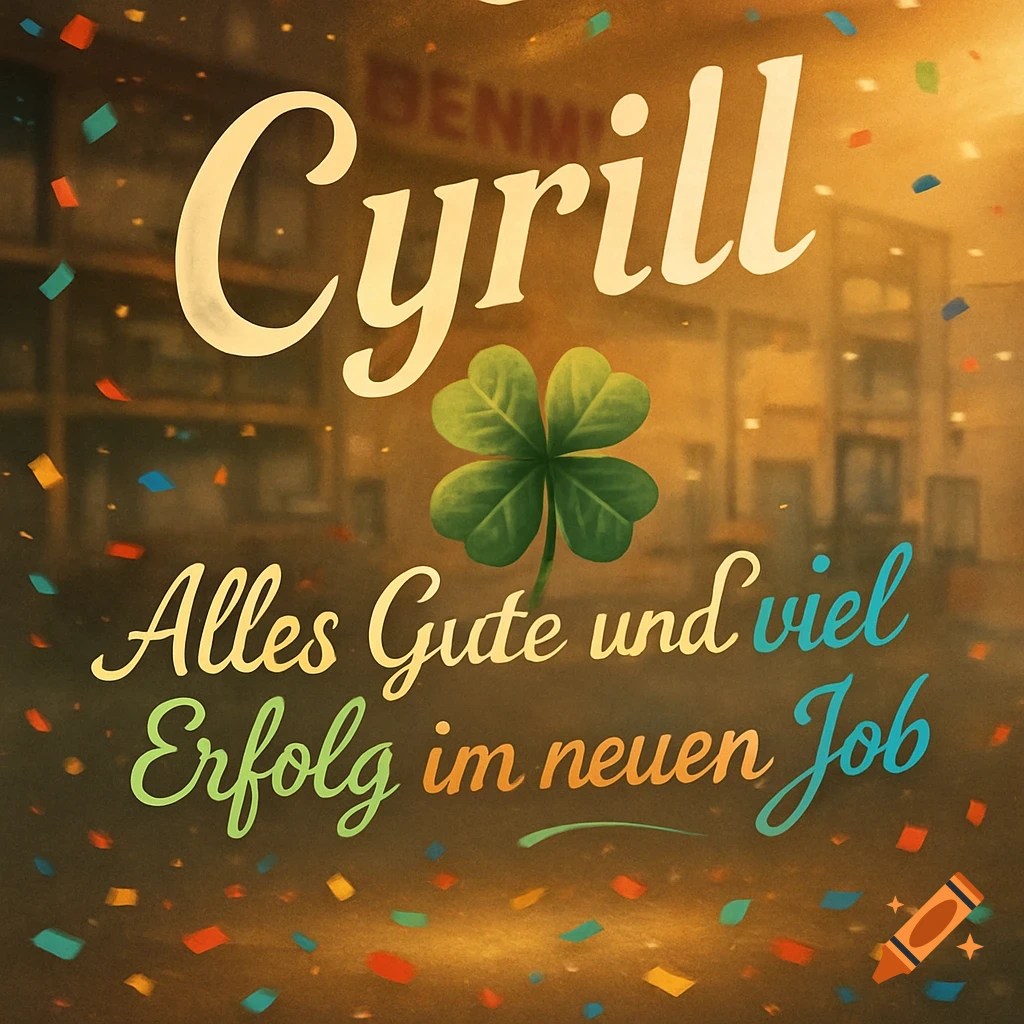 A stylized image with the name Cyrill in large white script. Below it reads "Alles Gute und viel Erfolg im neuen Job" in colorful script. A green four-leaf clover is centered, and colorful confetti is scattered. Blurry background text is also present.
