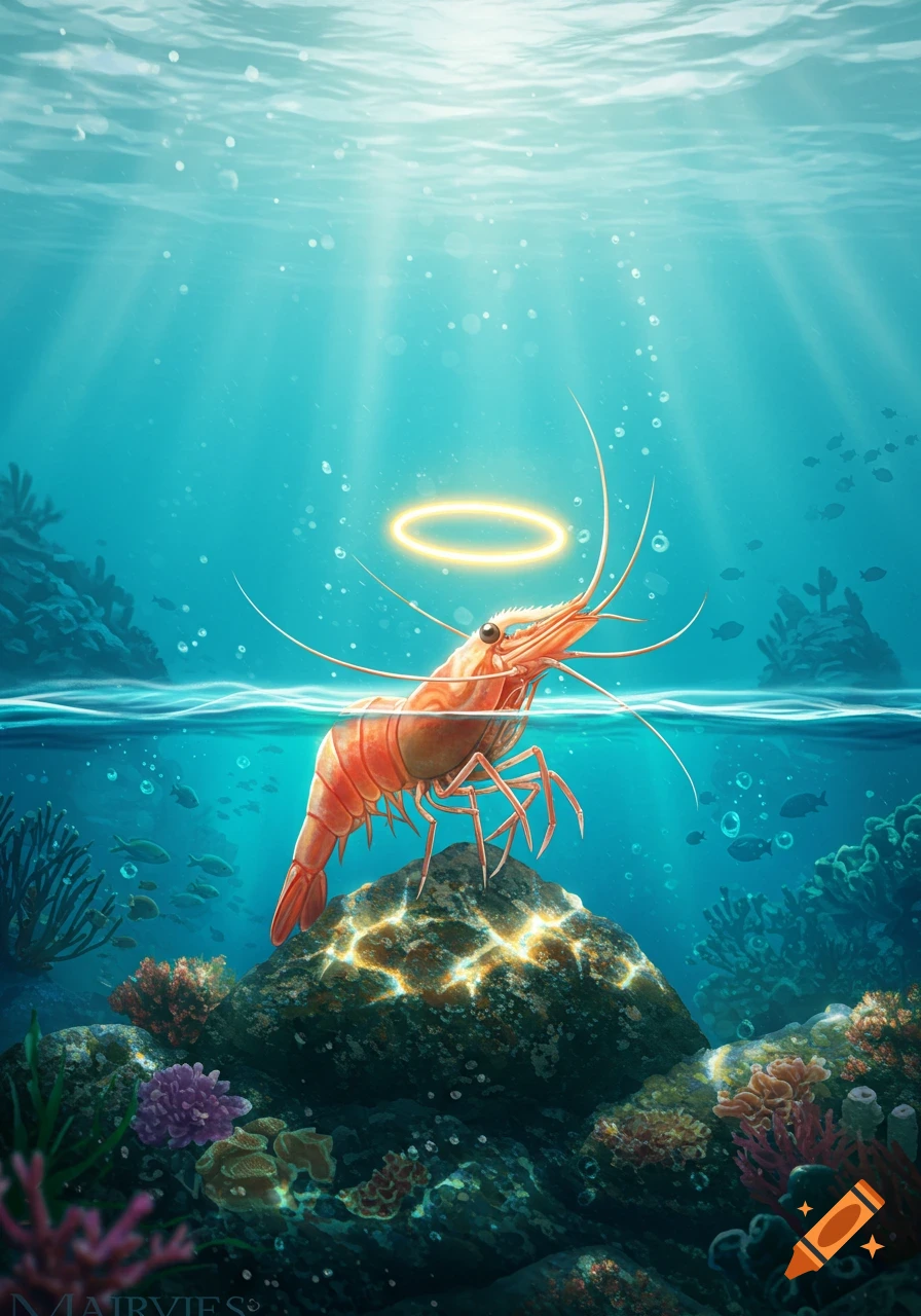 A vibrant orange shrimp with a golden halo stands on a rock in a brightly lit underwater coral reef scene.