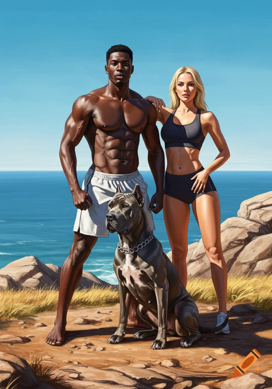 A muscular Black man and a blonde woman in athletic wear stand with a grey Presa Canario dog on a rocky beach by the ocean in digital art.