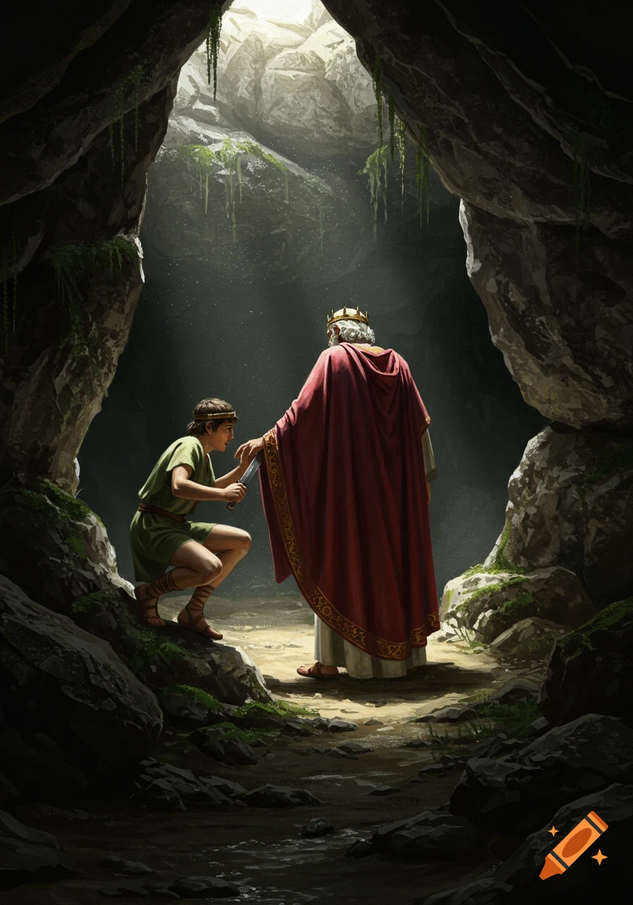 Realistic illustration of a young man with a knife kneeling near a king in a red robe inside a dimly lit cave.