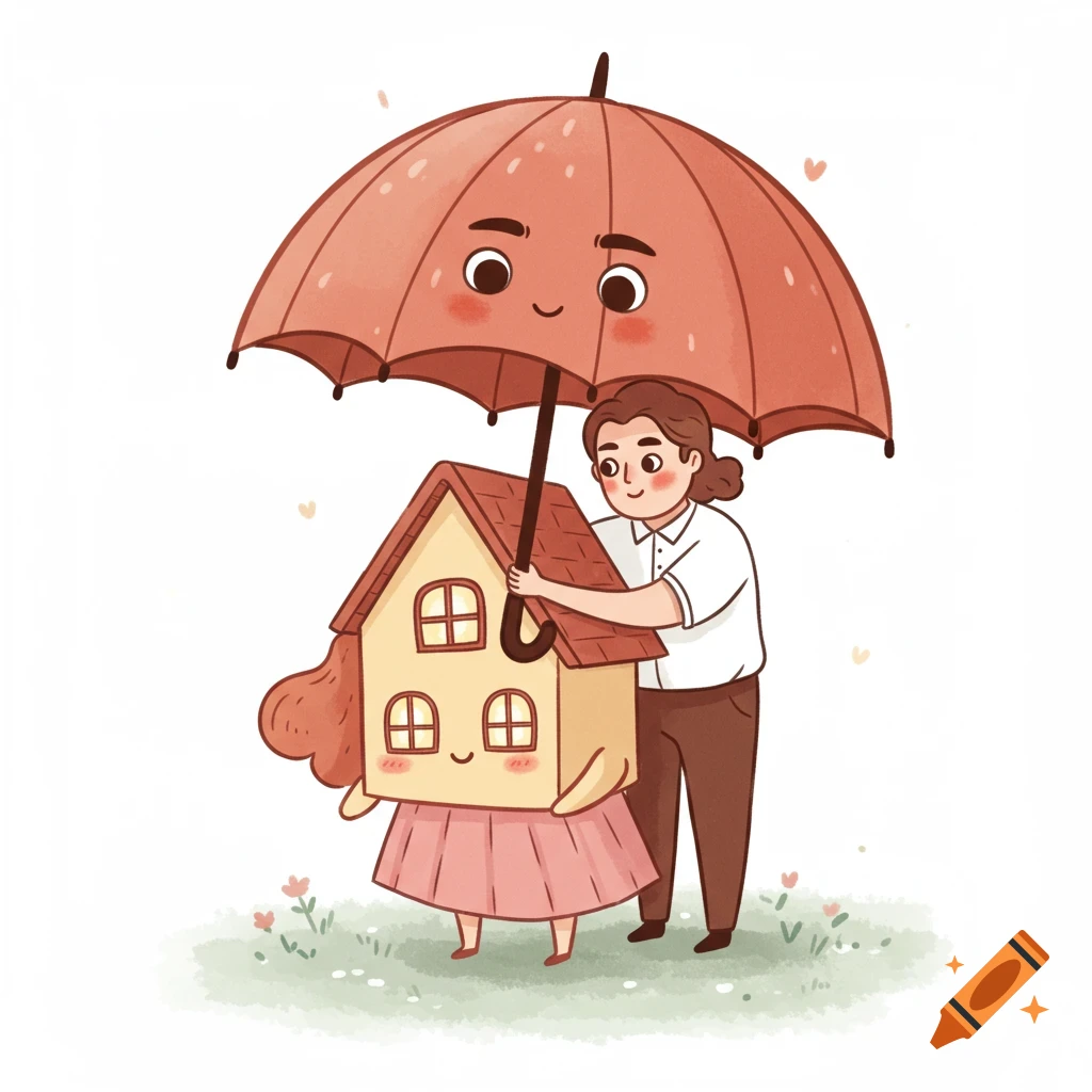 A cute minimal illustration of a person holding a large, smiling umbrella over a smiling house character, in a grassy field.
