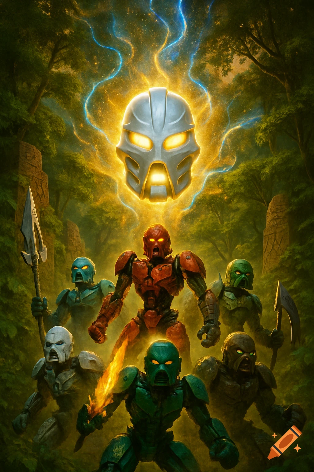 A group of colorful Bionicle robots stand in a lush jungle, looking up at a glowing mask in the sky.