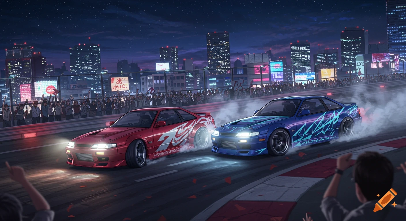 Two stylized street racing cars drift side-by-side on a track at night, with a cheering crowd and a neon-lit Tokyo skyline in the background.