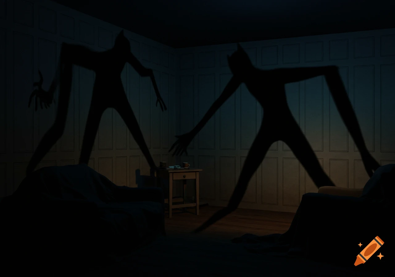 Two eerie, elongated shadows of figures loom on the paneled walls of a dark, dimly lit room in a comic art style.