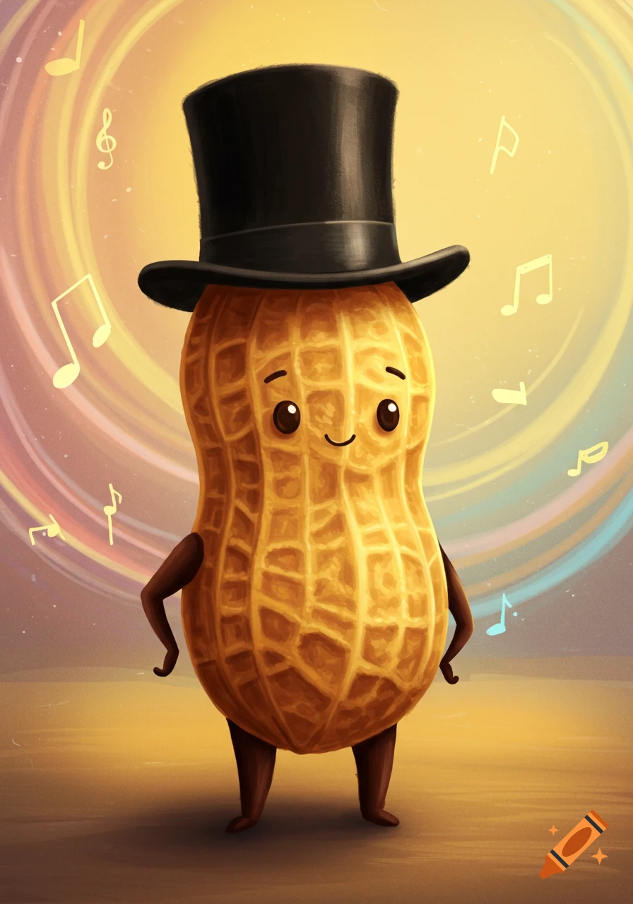 A cartoon peanut wearing a black top hat, smiling, with musical notes floating around a colorful, swirling background.