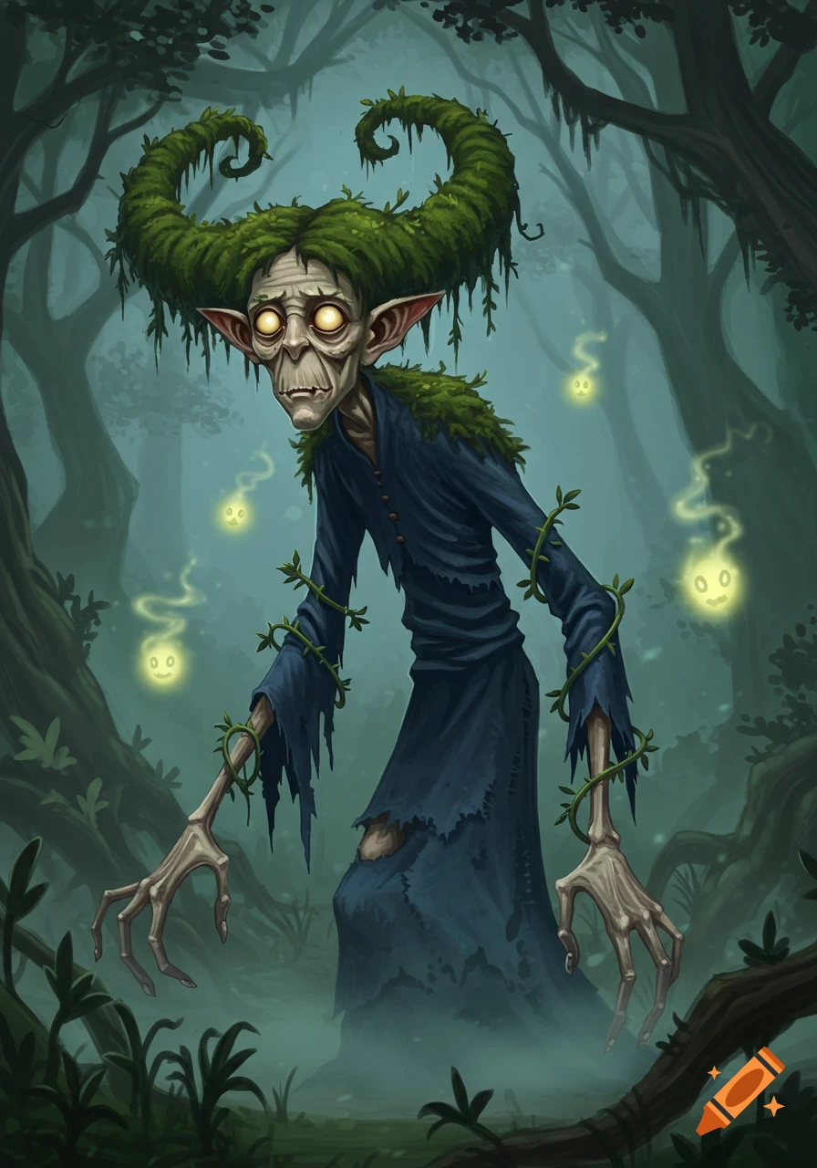 A gaunt, goblin-like swamp creature with mossy green hair and glowing yellow eyes stands in a misty forest.