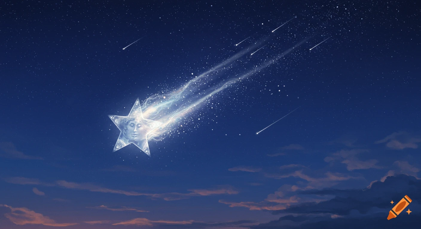 A mystical shooting star with the faces of a man and woman embedded in its glowing light streaks across a dark blue night sky filled with stars and clouds.