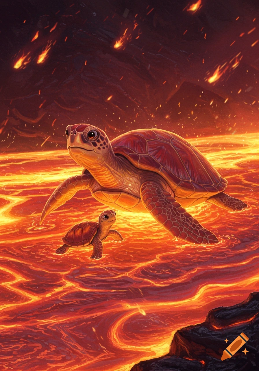 A mother and baby turtle swim smiling in a river of glowing lava, with fiery meteors falling from a red sky, stylized illustration.