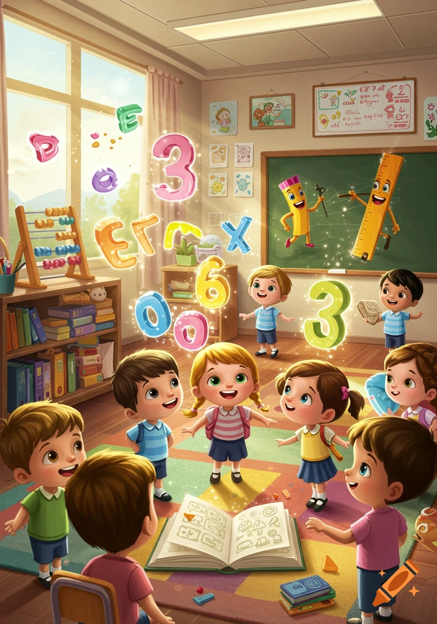 Colorful cartoon of kindergarten children in a classroom, looking at glowing numbers and letters, with an open book and an abacus.