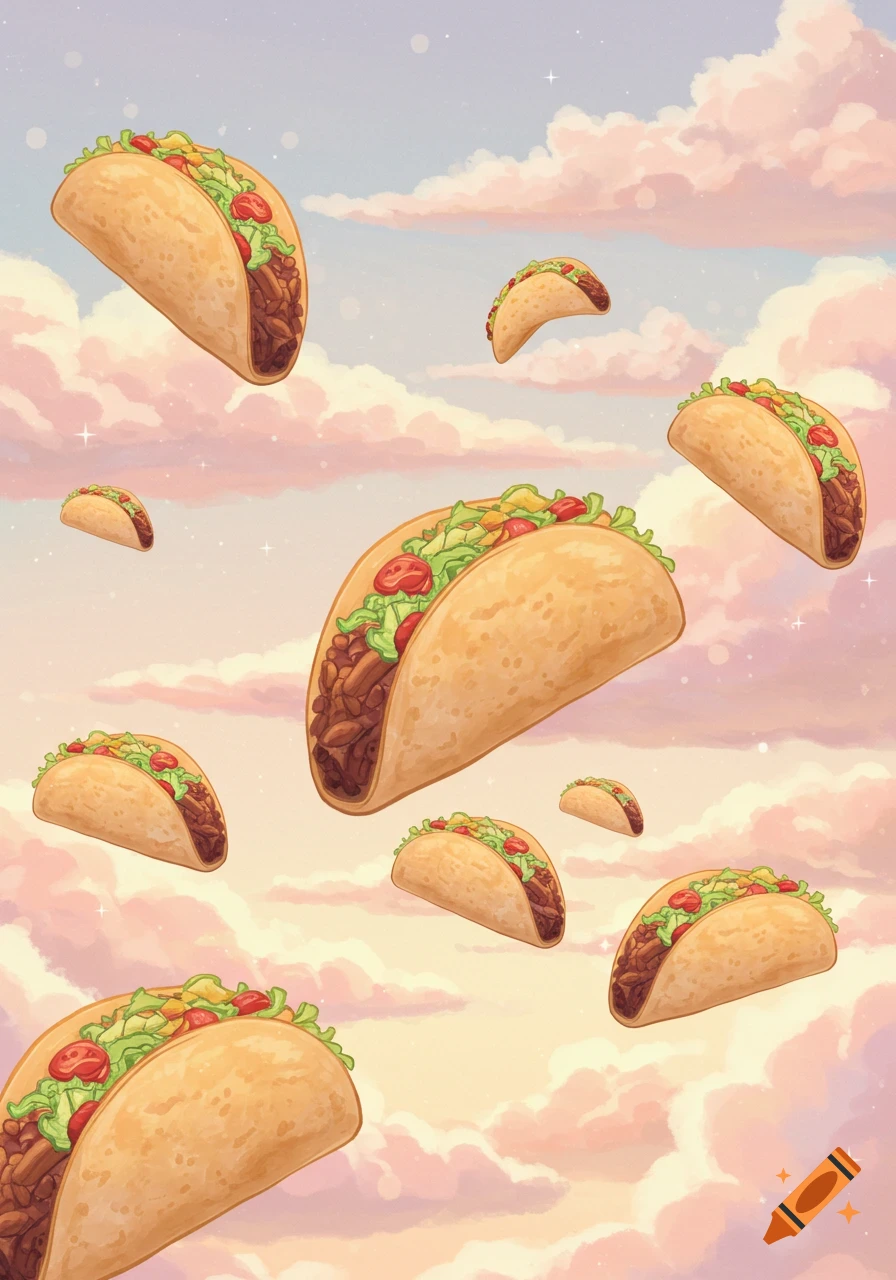 Whimsical illustration of many tacos floating in a pastel, cloudy sky with light orange hues.