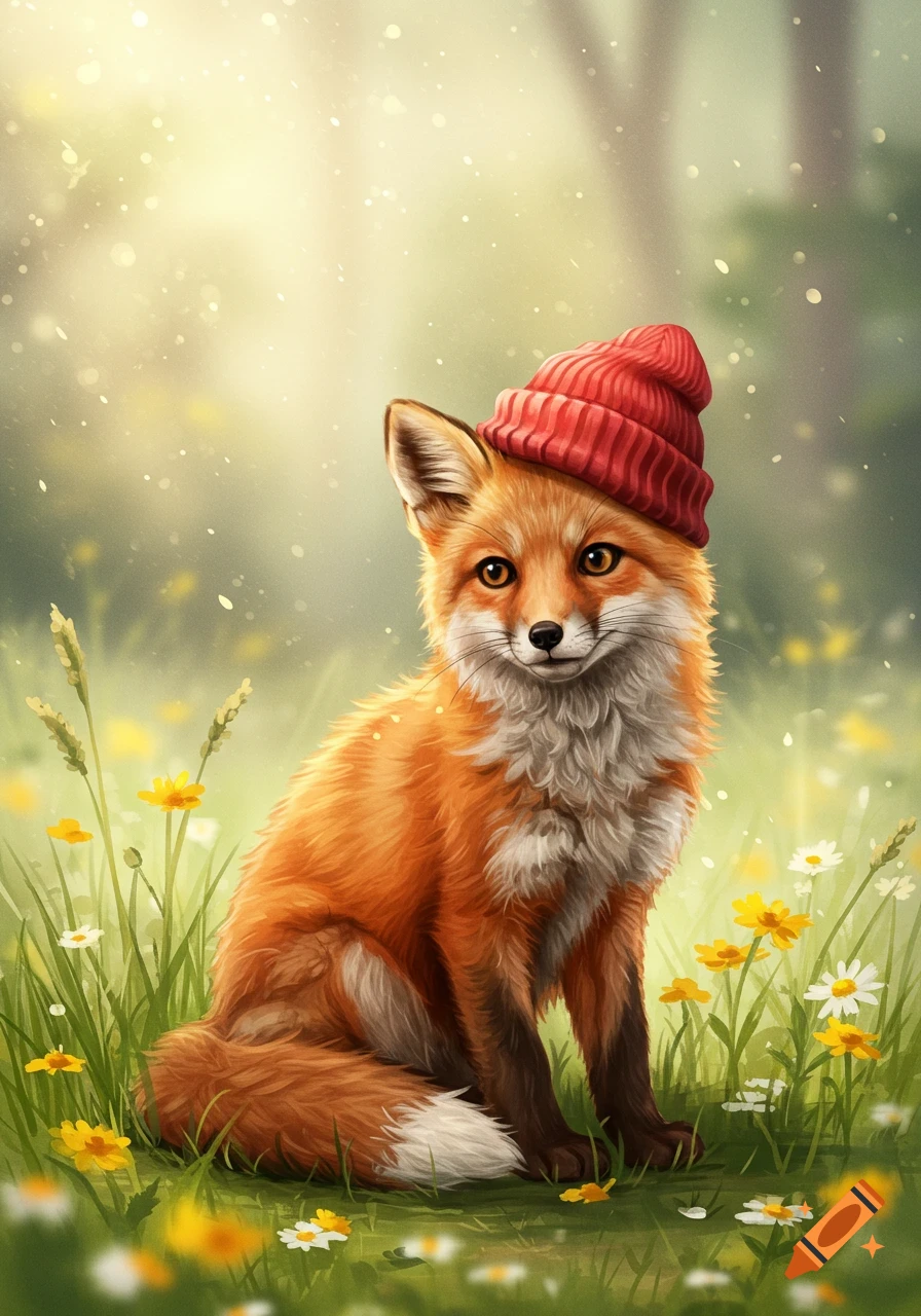An artistic illustration of a cute fox wearing a red beanie, sitting in a field of yellow and white flowers.