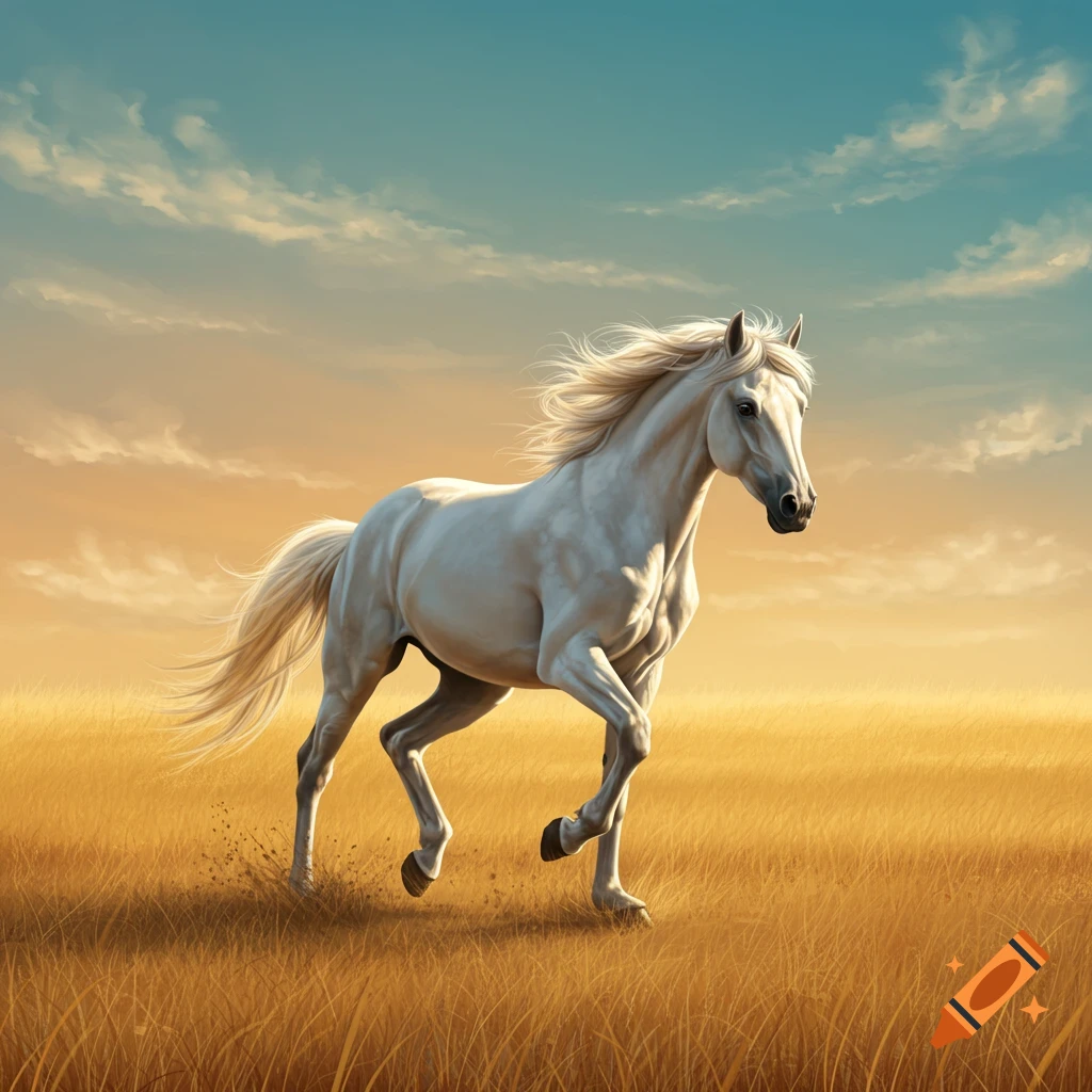 A majestic white horse stands on dark rocks in a misty, sunlit