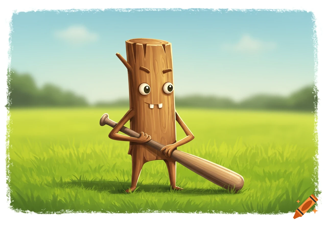 Cartoon wooden stick figure with eyes and a mouth, holding a baseball bat in a sunny grassy field. Illustration.