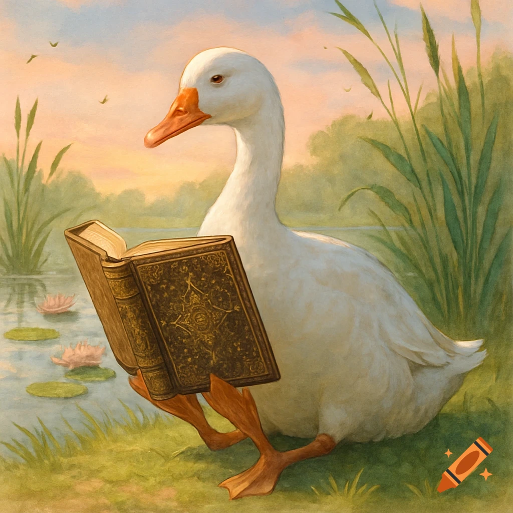 A white goose sits by a pond, holding an ornate brown book open with its webbed feet, painted in a whimsical style.