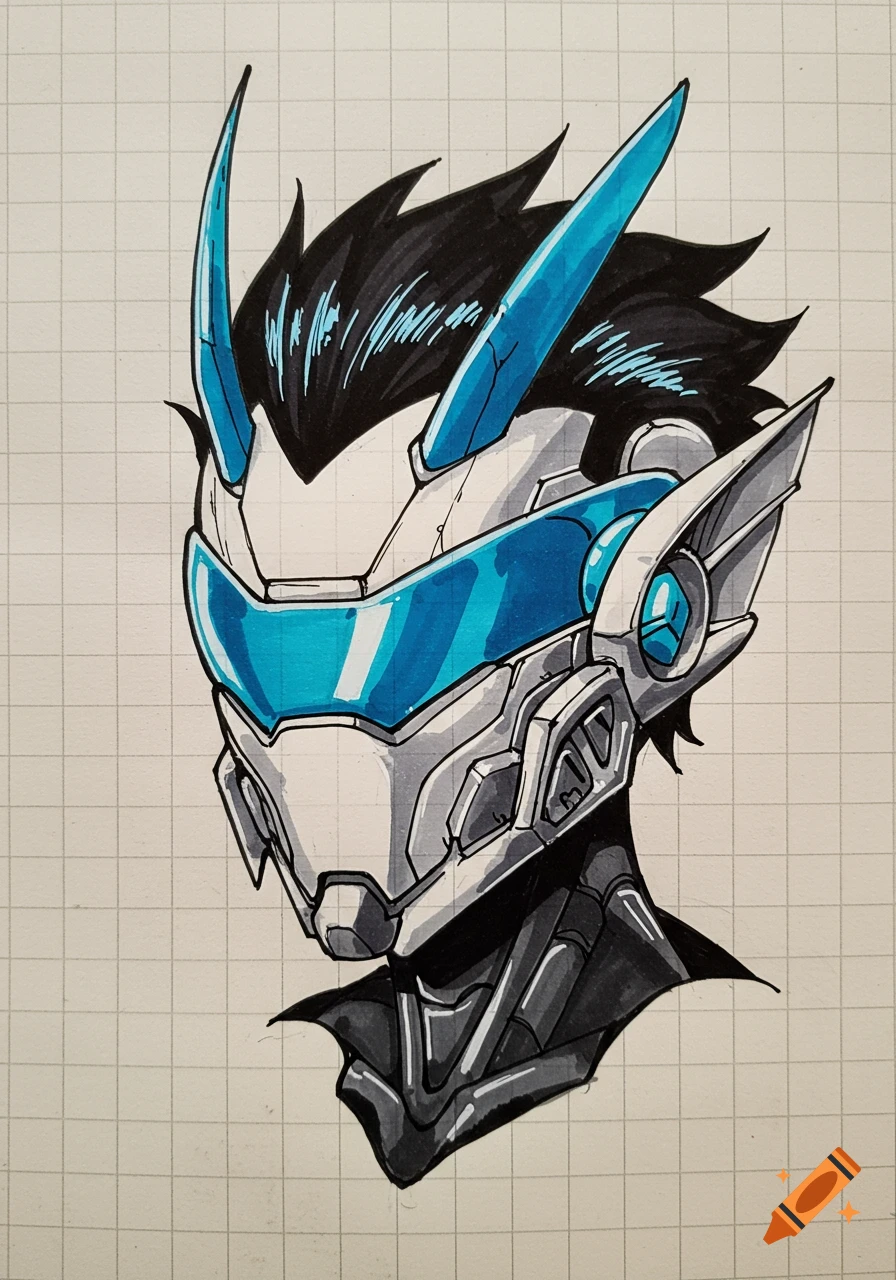 A hand-drawn ink sketch of a futuristic armored character's head with a blue visor and black spiky hair, on grid paper.