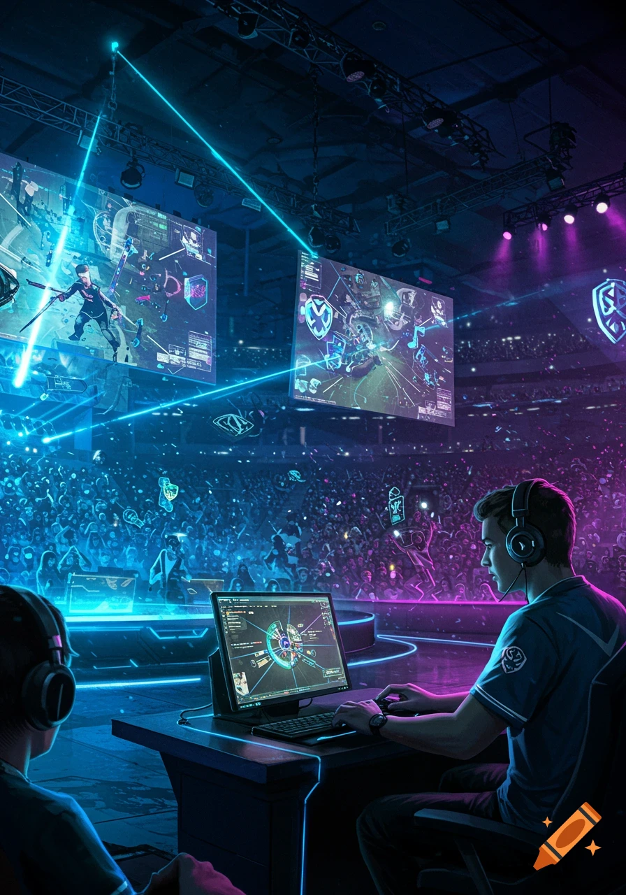 Players compete in a vibrant e-sports arena under neon lights, with a large crowd watching multiple game screens.