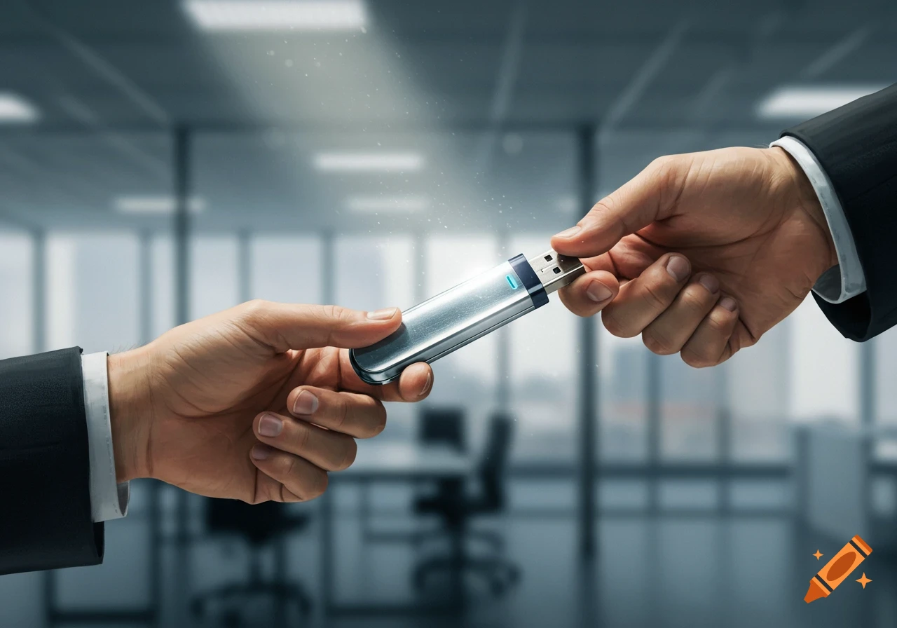 Two hands in business suits exchanging a silver USB stick in an office environment, photorealistic.