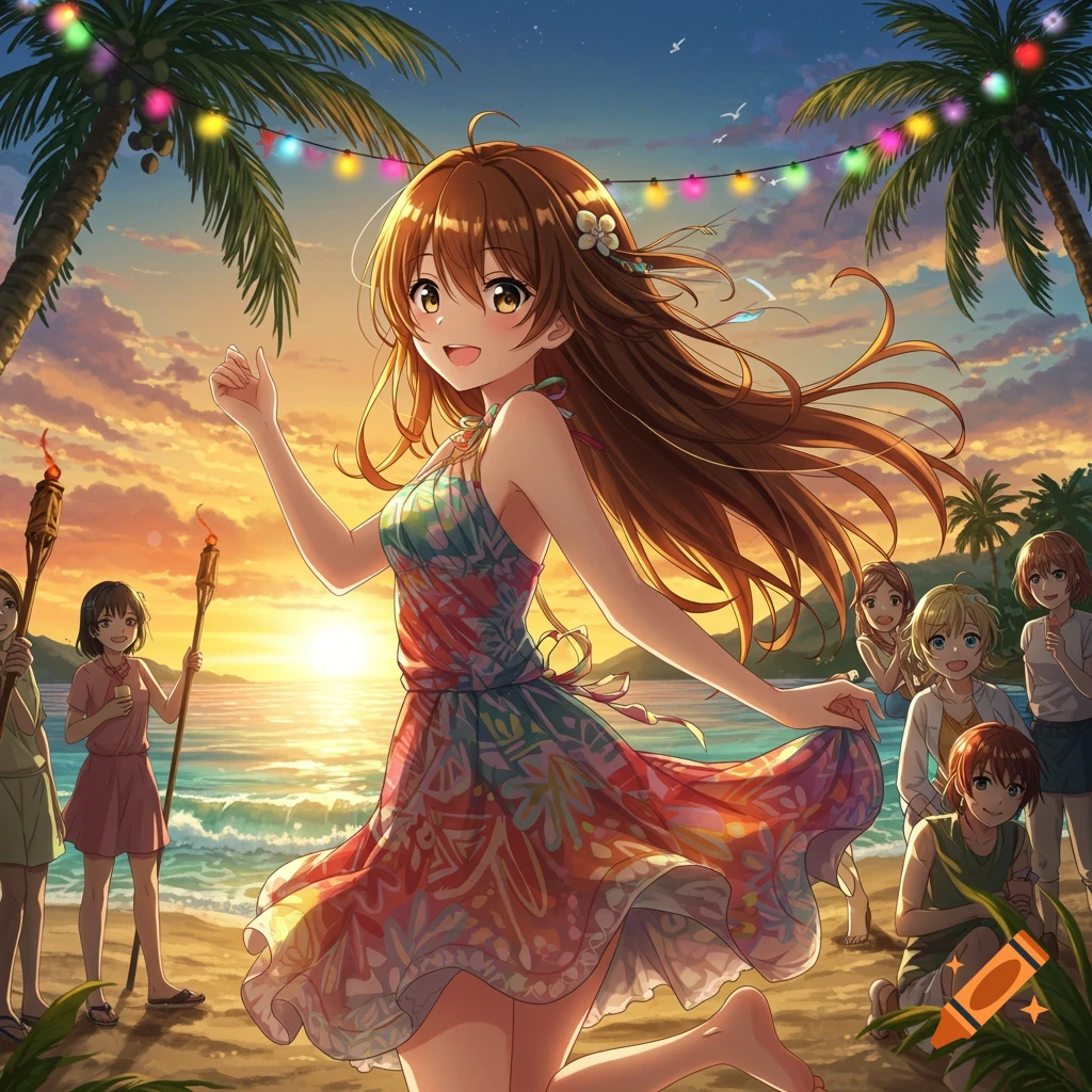 An anime girl with long brown hair and a colorful dress runs on a beach at sunset with palm trees and friends.