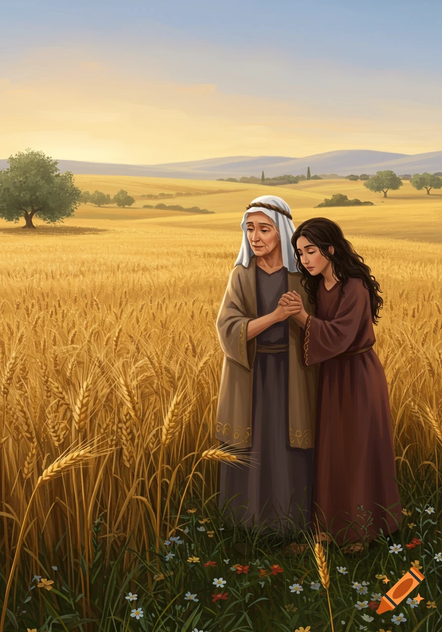 An illustration of an older woman and a younger woman holding hands in a golden wheat field with wildflowers.