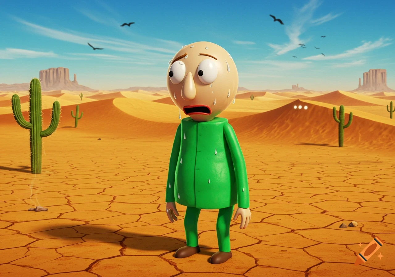 A sweating Baldi from Baldi's Basics stands in a cracked, dry desert with cacti and mesas under a blue sky, in a 3D animated style.