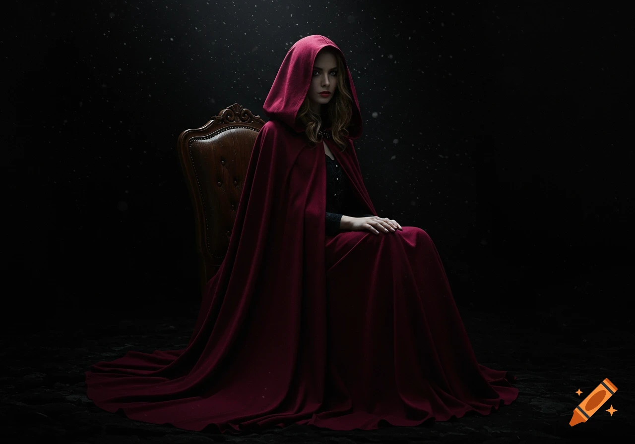 A woman in a dramatic red hooded cape sits in an ornate wooden chair against a dark, atmospheric background.