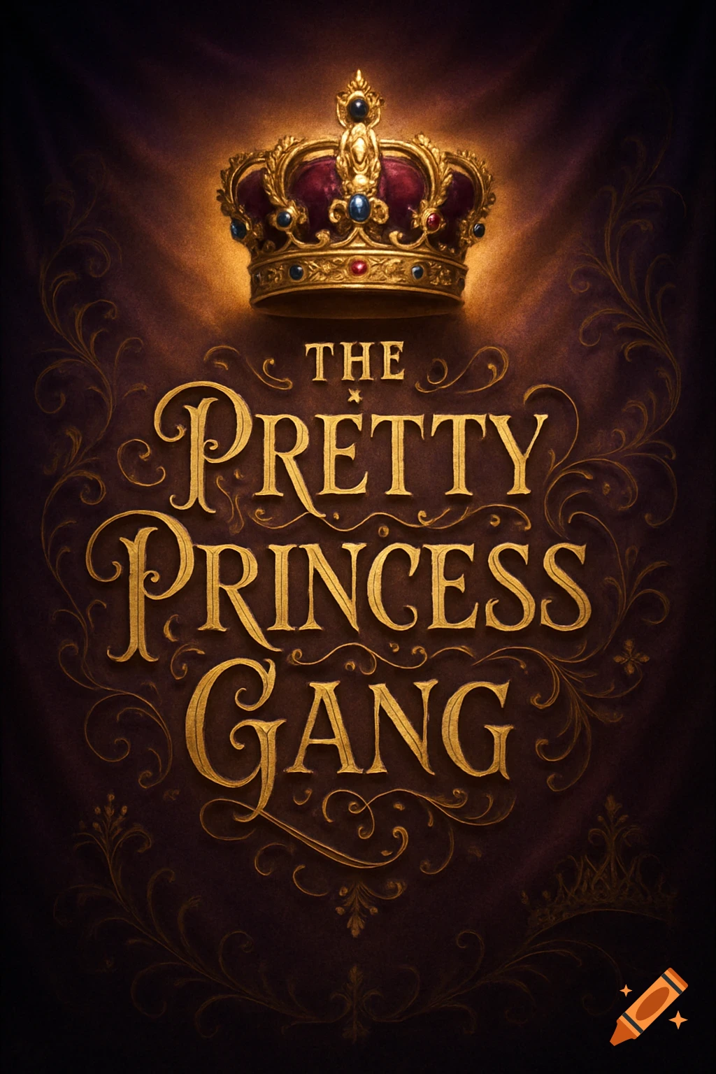 The phrase "THE PRETTY PRINCESS GANG" in ornate gold text with a jeweled crown on a dark, velvet-like background.