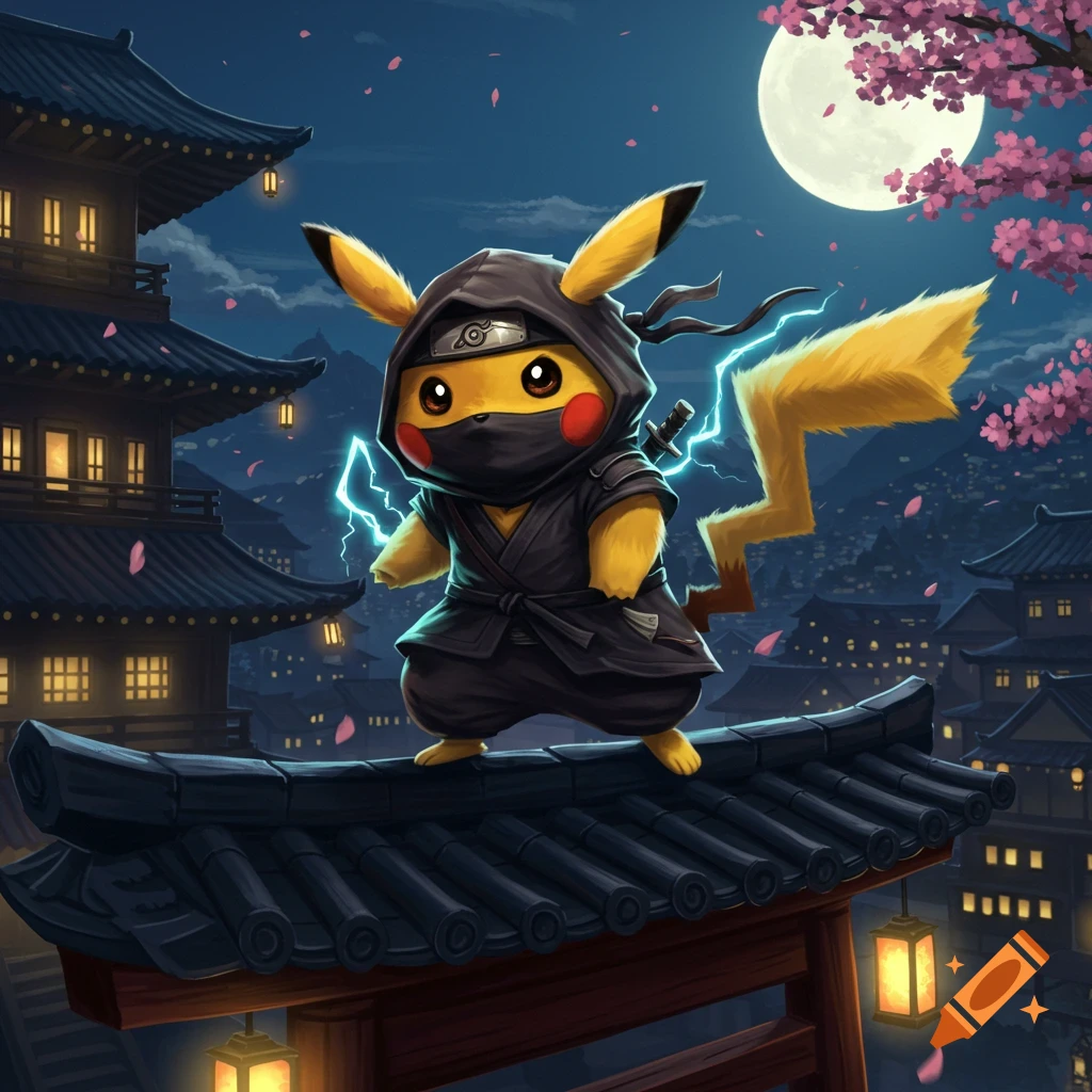 Pikachu in a ninja outfit with glowing lightning, perched on a roof overlooking a moonlit Japanese village with pagodas and cherry blossoms.