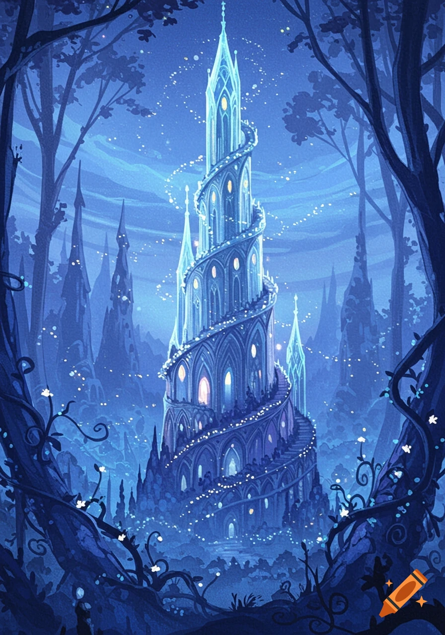 A tall, glowing crystalline castle with a spiraling path stands in a mystical blue forest with sparkling lights, in an artistic style.