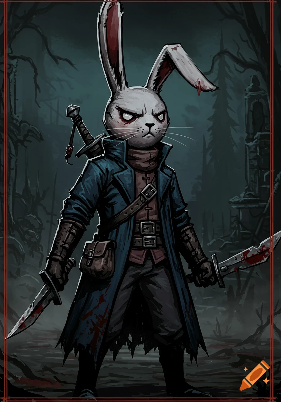 A fierce, anthropomorphic rabbit character in a dark trench coat, holding two bloody knives, in a gothic Darkest Dungeon art style.