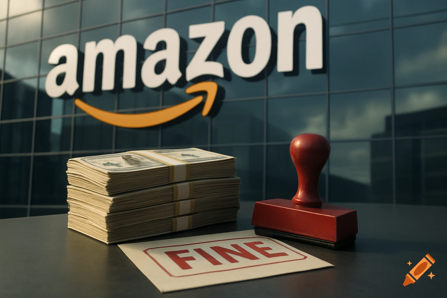 Photorealistic image of stacks of US dollar bills, a red stamp, and a paper with "FINE" in front of a building with the Amazon logo.