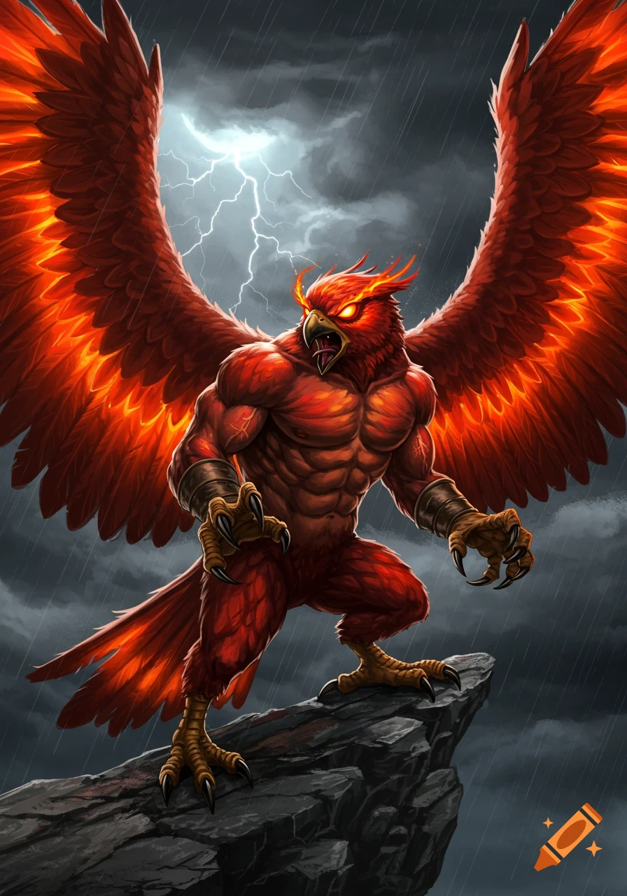 A buff, fiery red bird creature with massive glowing wings stands angrily on a rocky cliff under a stormy, lightning-filled sky. Fantasy art.