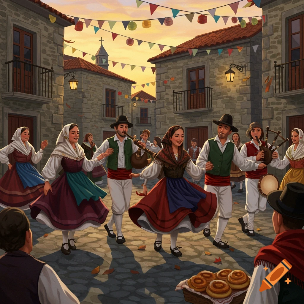 Illustrated scene of people in traditional attire dancing and playing music in a festive stone town square decorated with banners at sunset.
