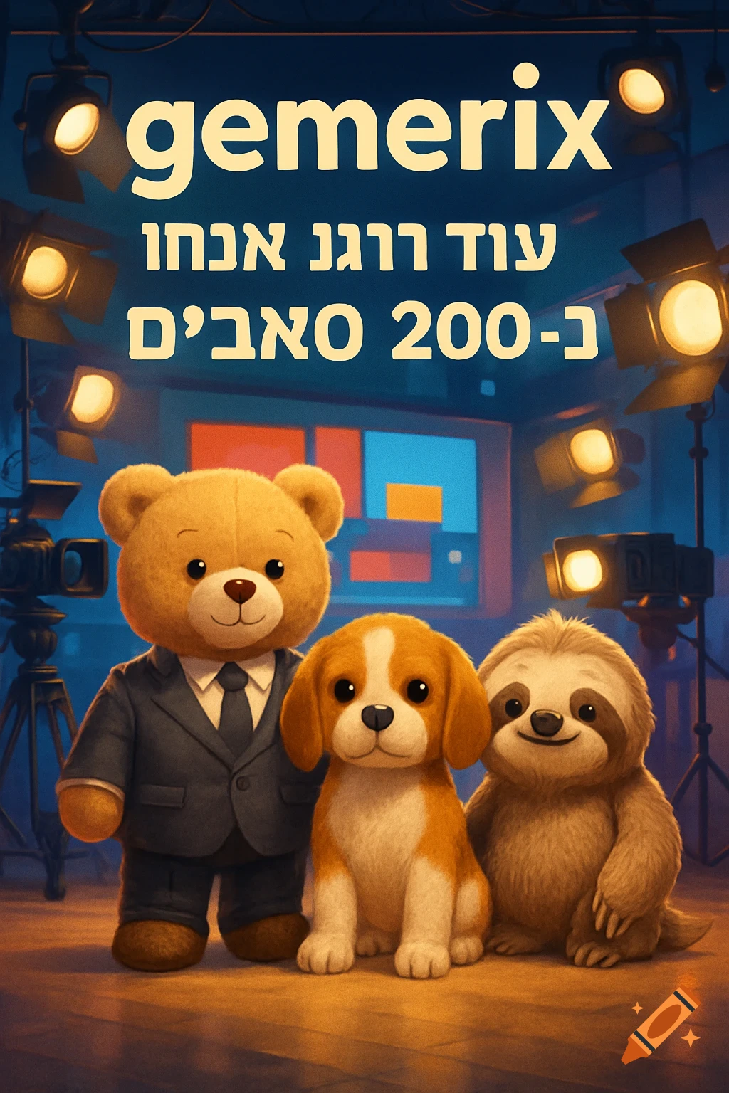 A teddy bear in a suit, a beagle puppy, and a sloth plushie stand on a film set with studio lights and screens. Text reads "gemerix" and Hebrew text about 200 subscribers.