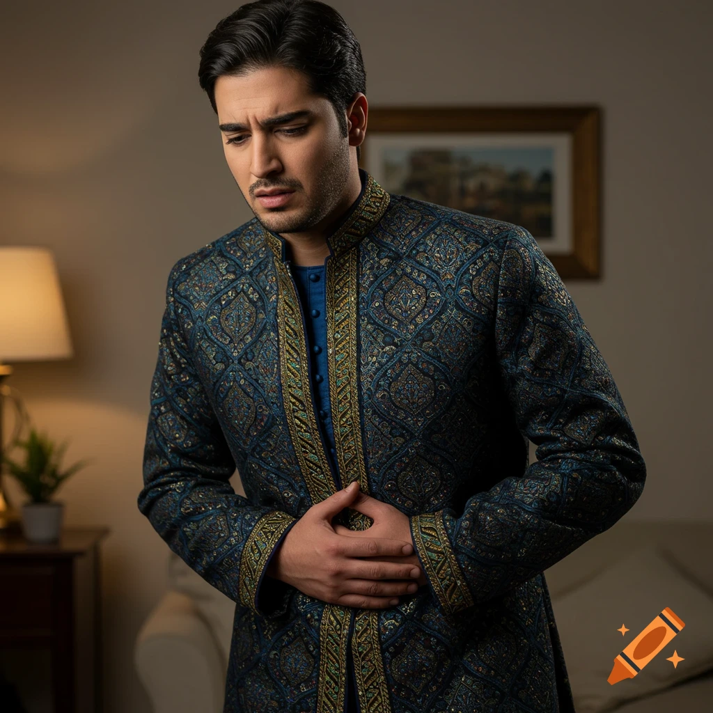 A man in a blue and gold patterned traditional jacket holds his stomach with a pained expression.