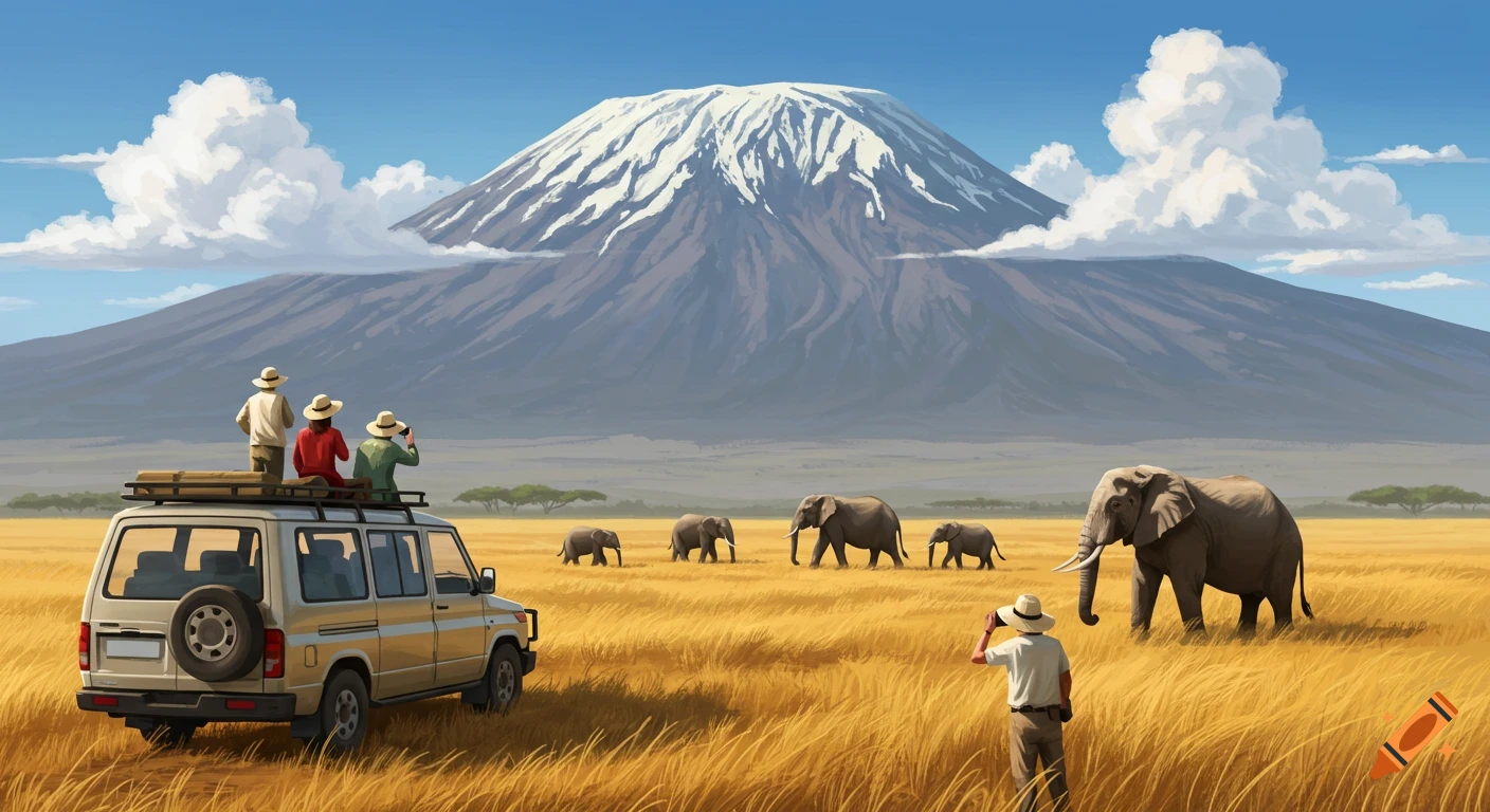 Illustrated safari scene with people in a tour van and on foot observing elephants on a grassy plain, Mount Kilimanjaro in the distance.