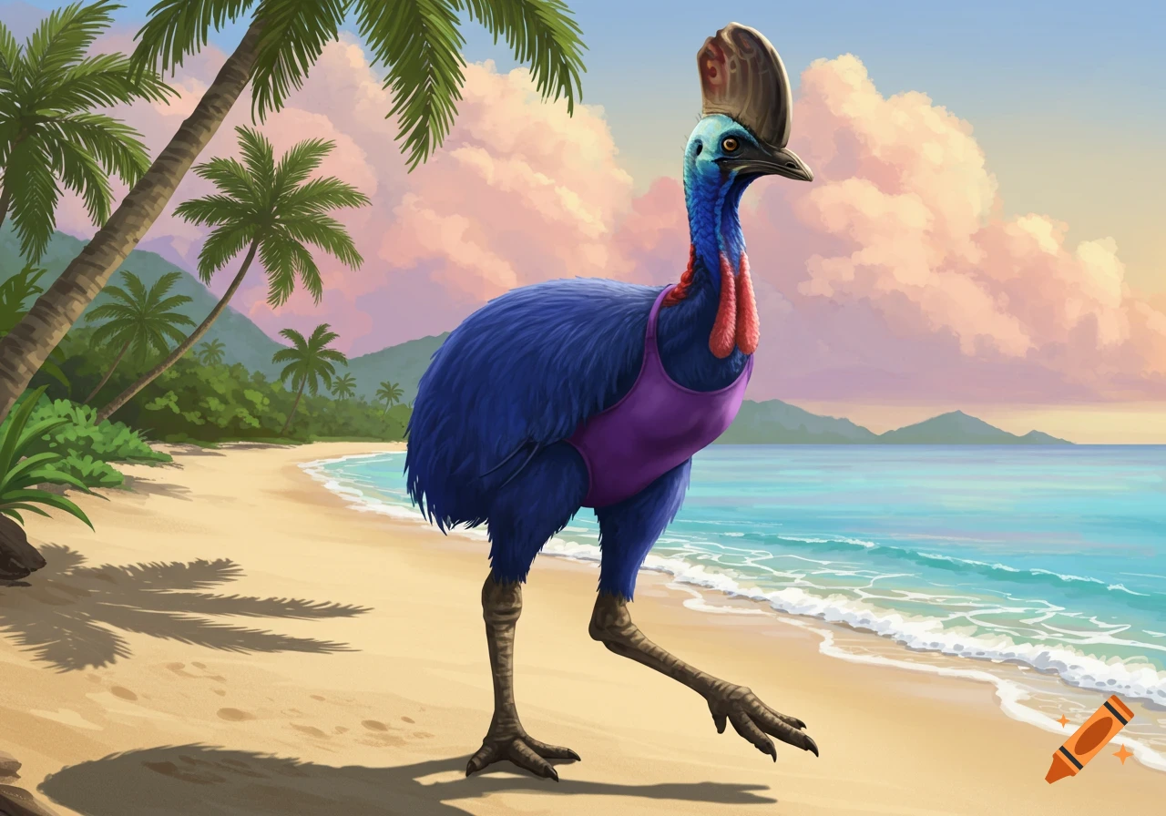 A whimsical cassowary bird wearing a purple swimsuit walks on a sandy tropical beach with palm trees and ocean.