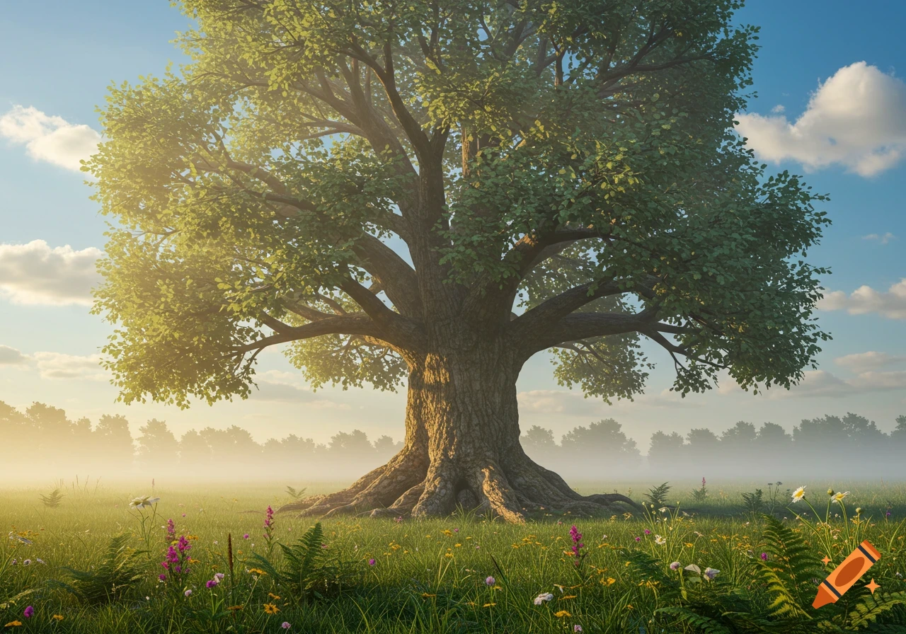 A large, ancient tree with extensive roots stands in a misty, sunlit field filled with wildflowers, under a blue sky.