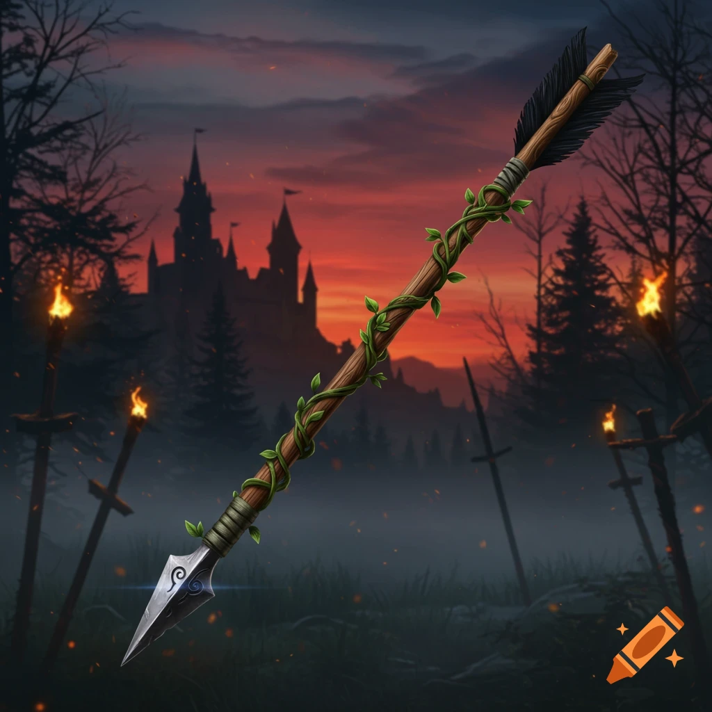 A stylized wooden arrow wrapped in green vines, with a metallic head, set against a dark medieval castle and fiery sunset sky.