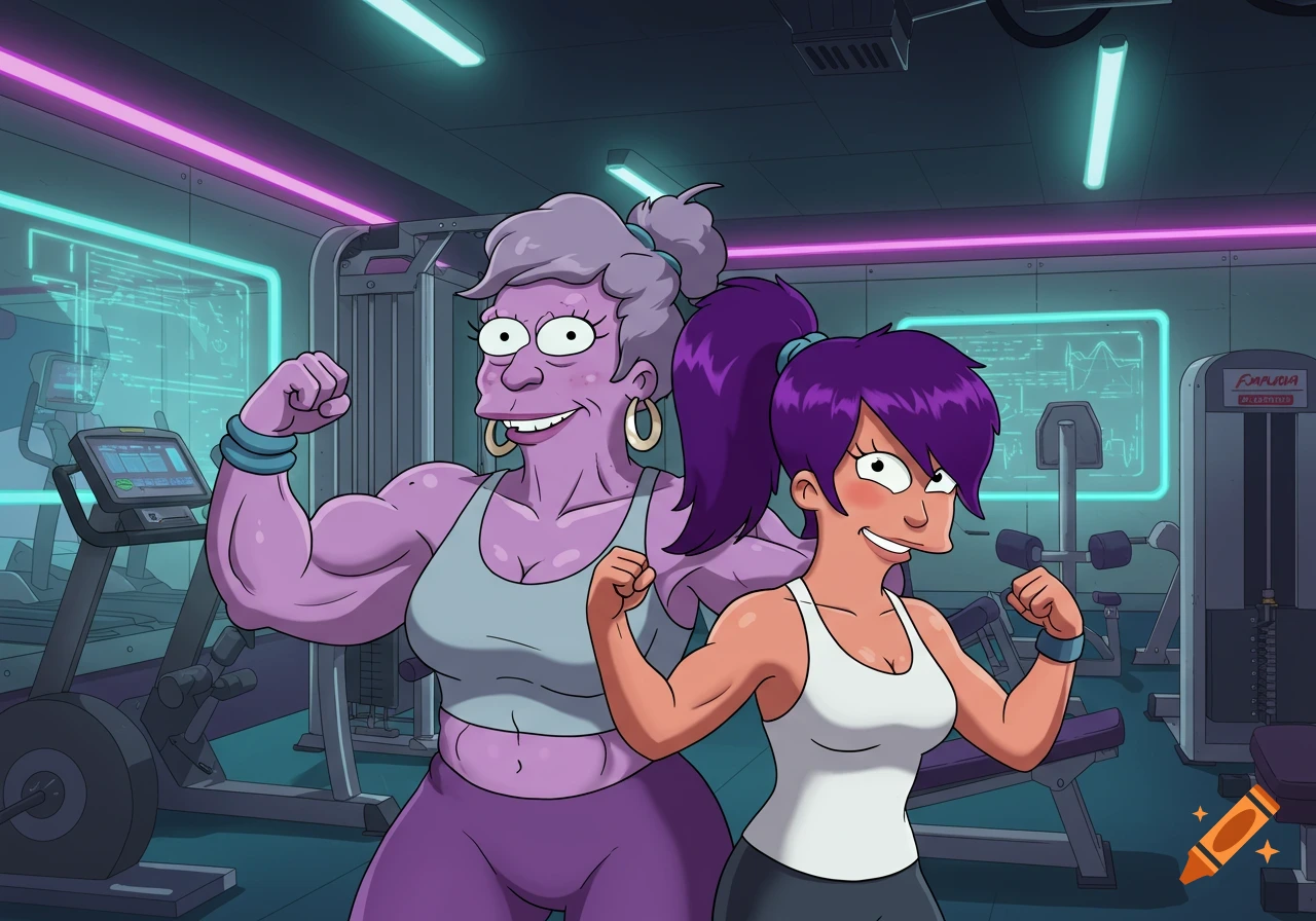 Leela and her muscular mom flex their biceps at a gym, with neon lights and exercise equipment in the background. The art style is reminiscent of Futurama.