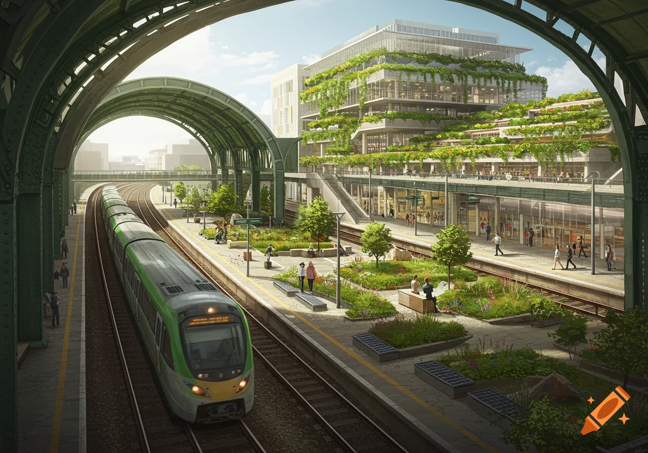 A modern, eco-friendly train station with a green train on tracks, lush garden platforms with solar benches, and a large building covered in rooftop gardens and vines.