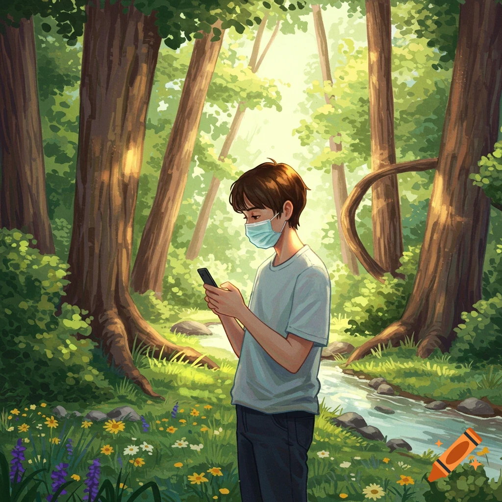 A stylized illustration of a young person in a surgical mask staring at their phone in a lush forest with a stream and wildflowers.
