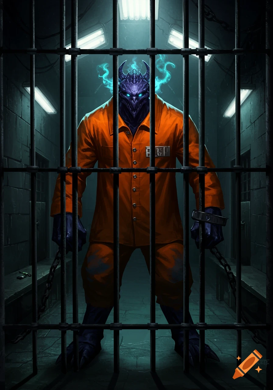 A monstrous purple creature with glowing eyes and horns, wearing an orange prison uniform, stands behind dark metal bars in a dimly lit cell.