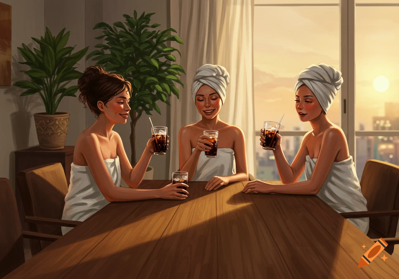Three women in towels enjoy drinks at a table by a window with a city sunset view, in a stylized illustration.