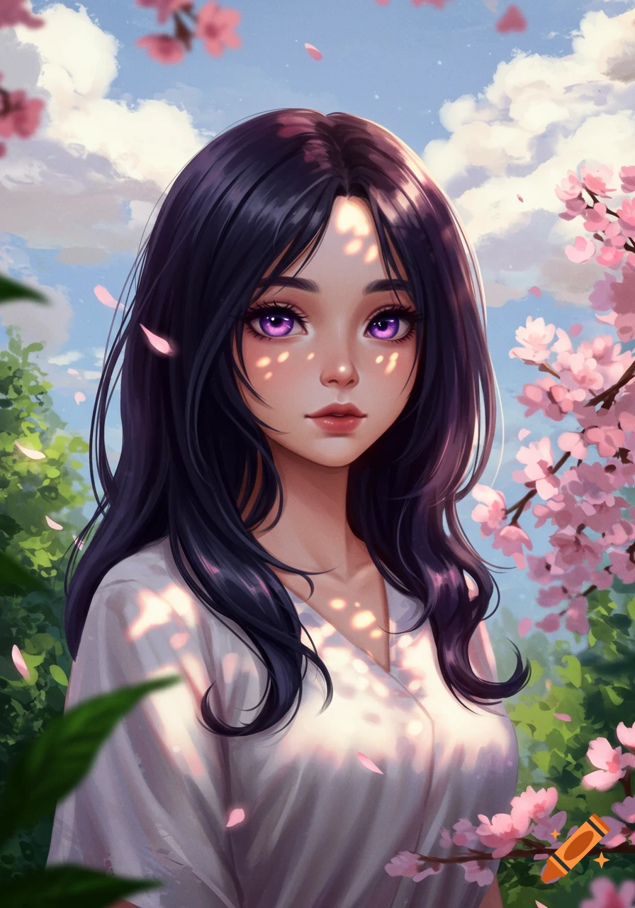 Illustrated portrait of a girl with dark hair and striking purple eyes, standing among pink cherry blossoms with dappled sunlight.