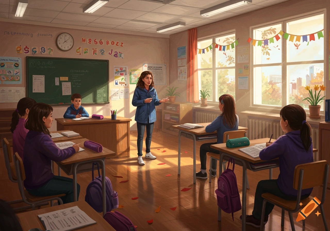 An illustration of a female teacher in a blue jacket teaching a diverse group of students in a sunlit classroom, with various desks and a blackboard.