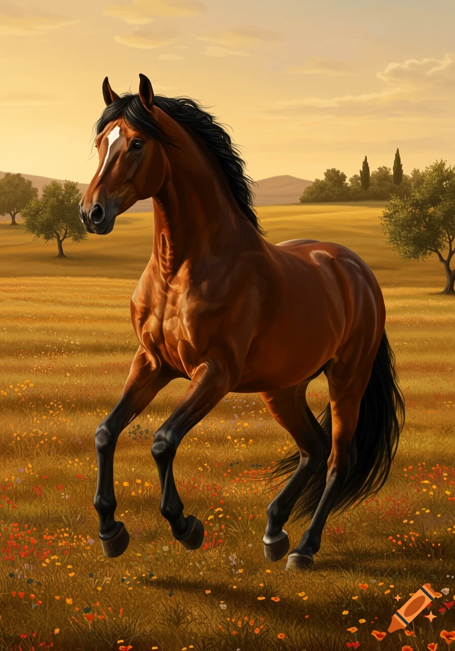 A majestic brown horse with a white blaze trots through a sun-drenched field filled with wildflowers, with trees and rolling hills in the background, in a painterly style.