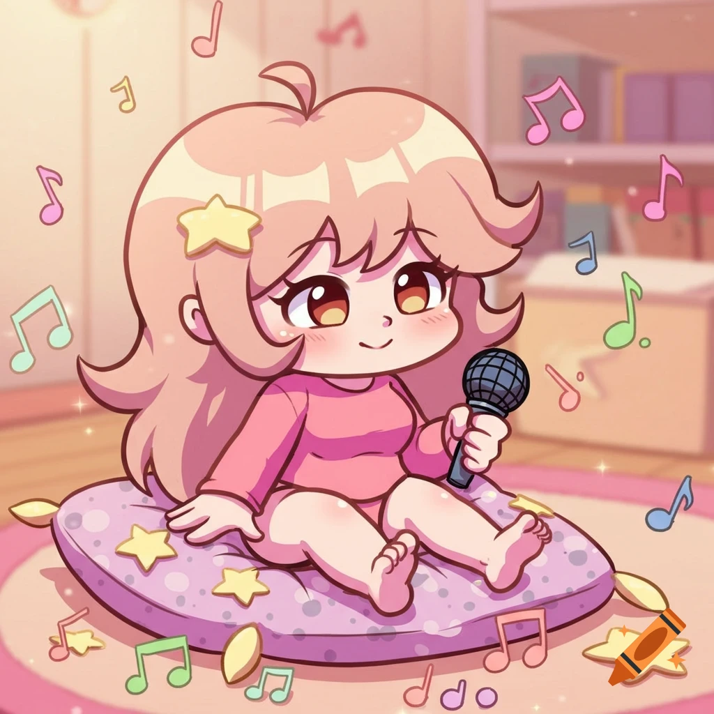 A cute chibi baby girl with pink hair, wearing a pink onesie, sits on a purple cushion holding a microphone, surrounded by musical notes.